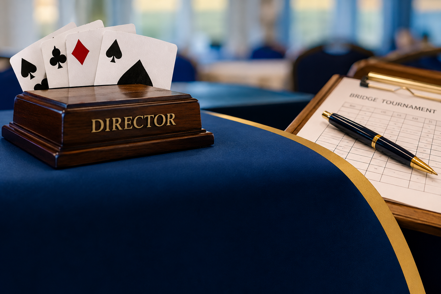 Bridge tournament director with playing cards and scoring materials