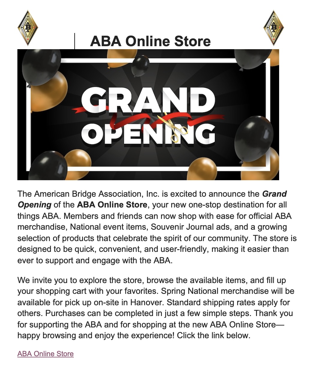 ABA Online Store Grand Opening — Click to visit the ABA Online Store